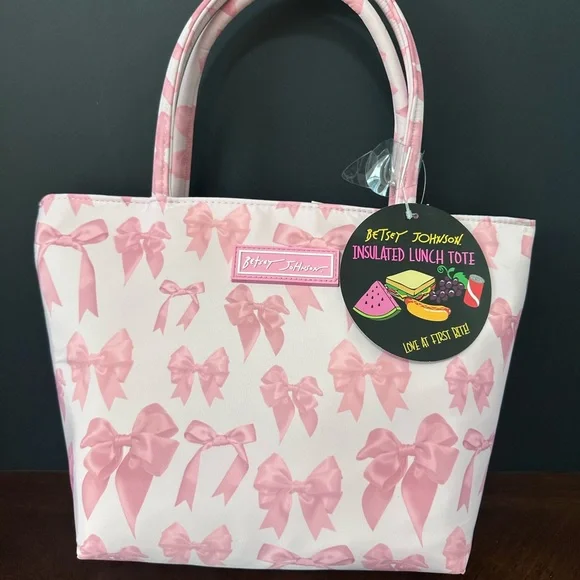 Betsey Johnson Pink and White Insulated Lunch Tote with Bow Pattern - Picture 7 of 9